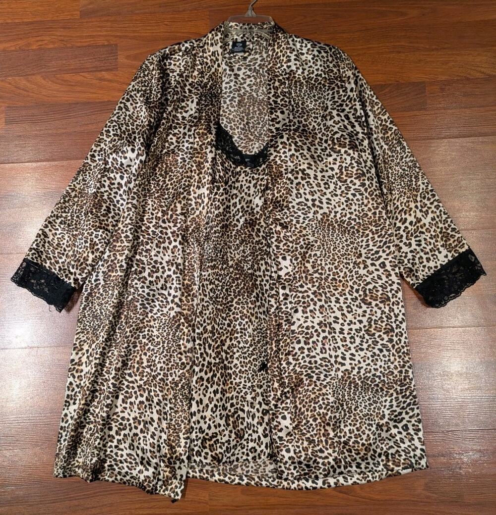 APT 9 Intimates Womens S Leopard Satin Chemise Robe Set Black Lace Lingerie